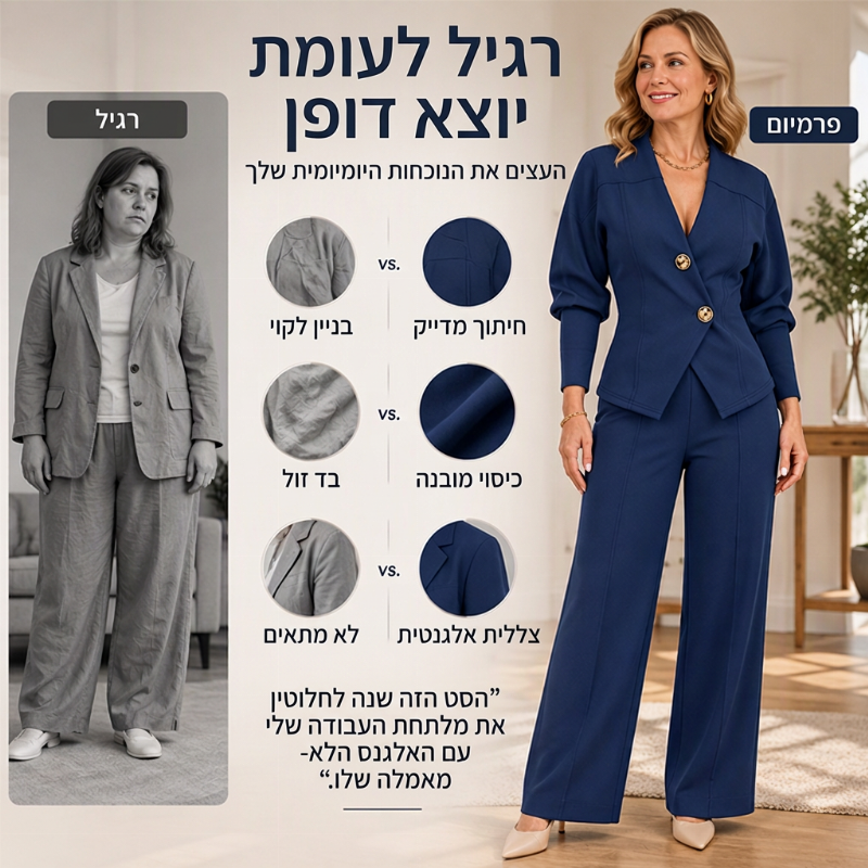 סט אלגנטי של בלייזר עם שרוולים נפוחים ומכנסיים רחבים לנשים