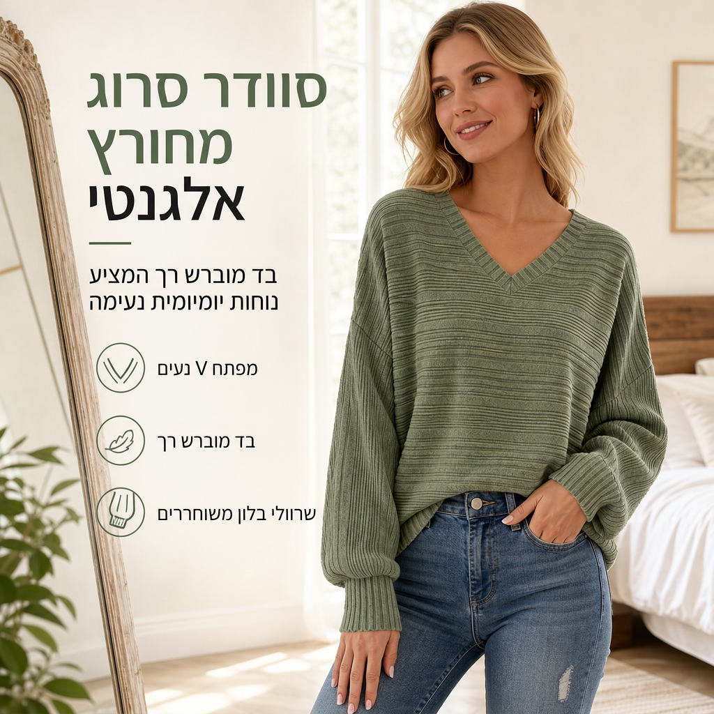 טופ נשים רופף שרוולים ארוכים צווארון V