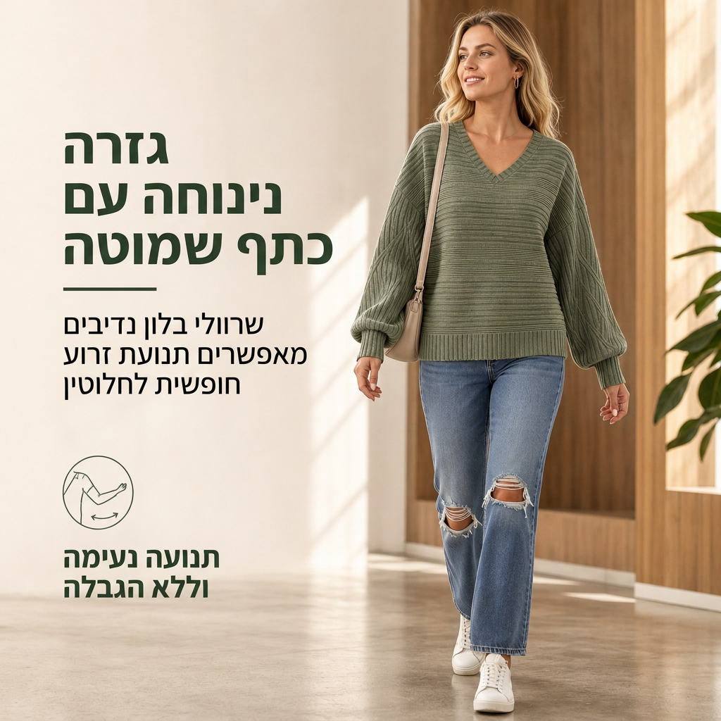 טופ נשים רופף שרוולים ארוכים צווארון V