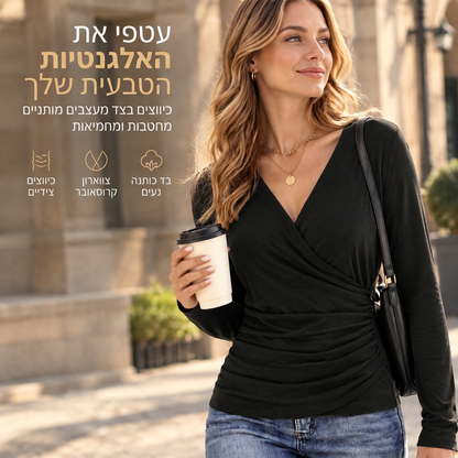 🌸מבצע חם 50% הנחה💖 חולצת נשים דקה עם צוואר V שרוולים ארוכים ומותן מעוצבת לאביב וסתיו