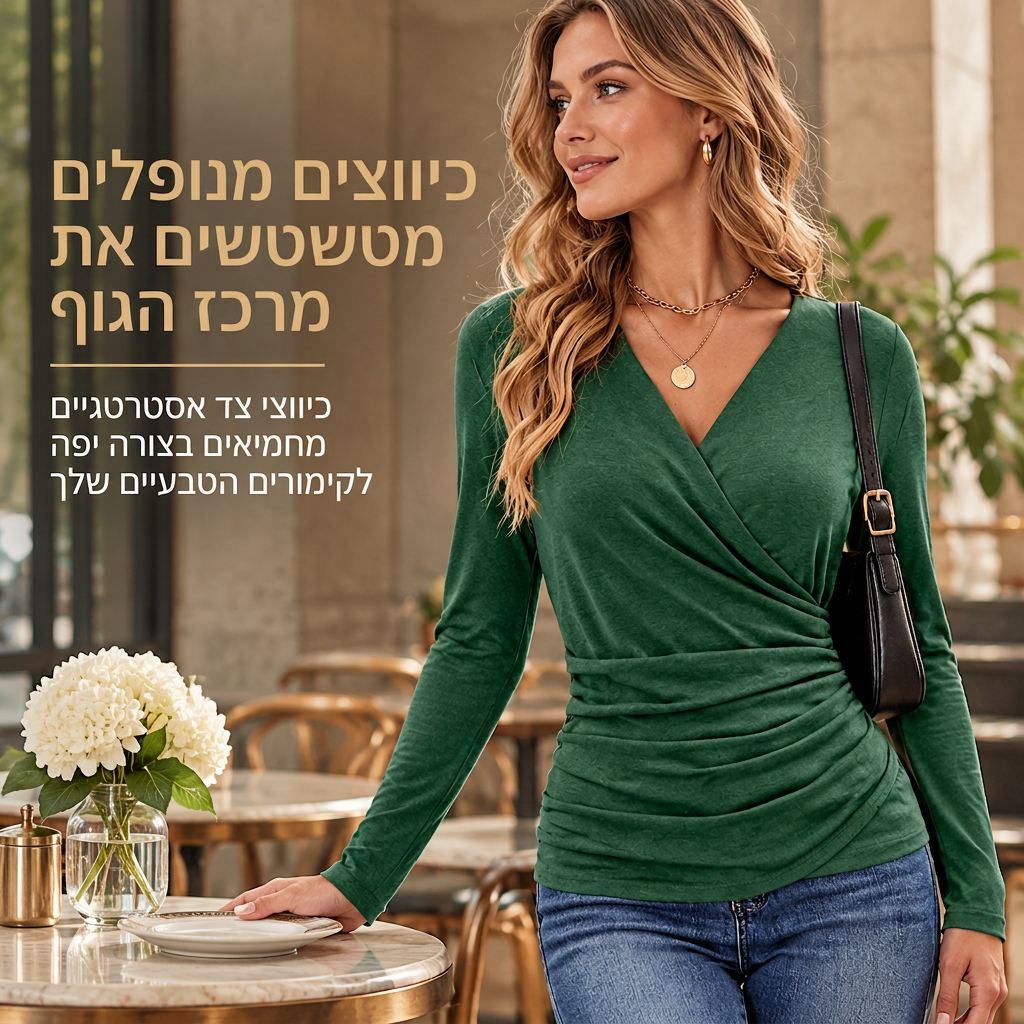 🌸מבצע חם 50% הנחה💖 חולצת נשים דקה עם צוואר V שרוולים ארוכים ומותן מעוצבת לאביב וסתיו