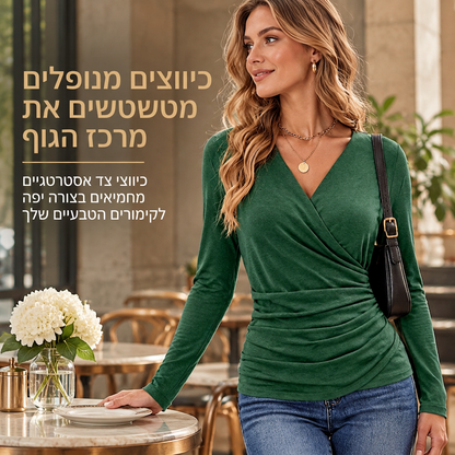 🌸מבצע חם 50% הנחה💖 חולצת נשים דקה עם צוואר V שרוולים ארוכים ומותן מעוצבת לאביב וסתיו