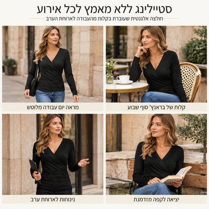 🌸מבצע חם 50% הנחה💖 חולצת נשים דקה עם צוואר V שרוולים ארוכים ומותן מעוצבת לאביב וסתיו