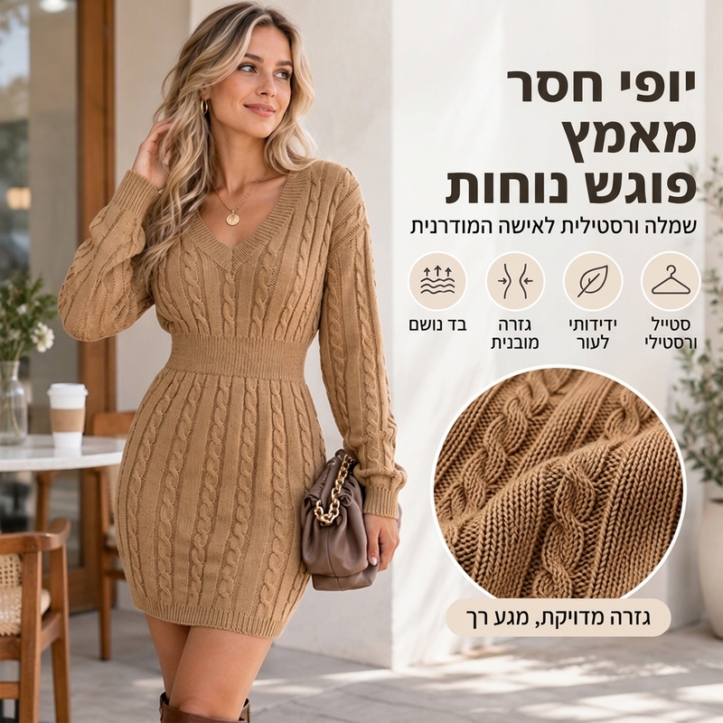 שמלת סריגה אלגנטית לנשים עם קשרי סריגה ומראה צמוד