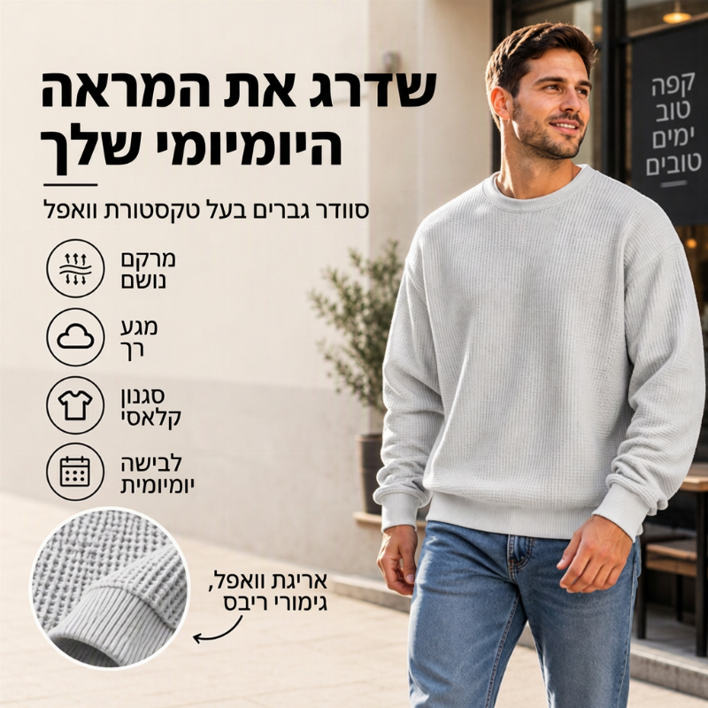 סווטשירט גברי עם צוואר עגול וסריגת וופל