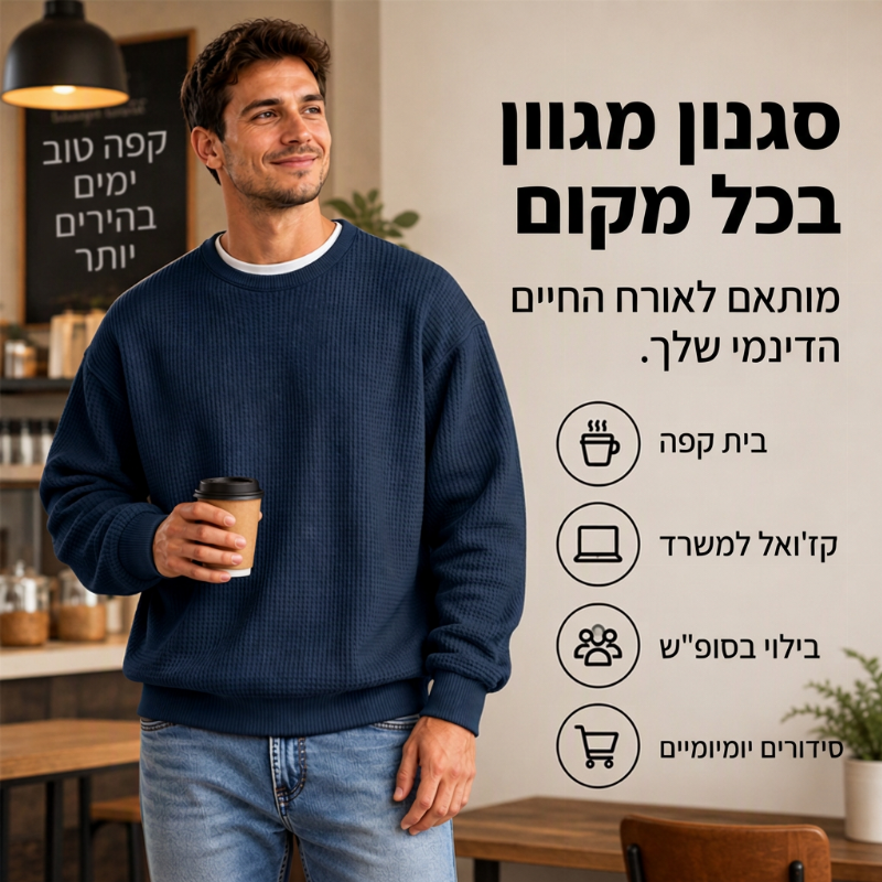 סווטשירט גברי עם צוואר עגול וסריגת וופל