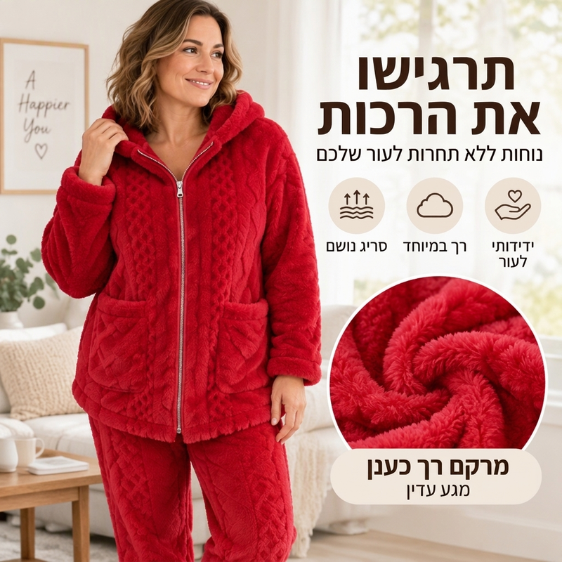 סט ז'קט סרוג צמרירי עם ברדס ומכנסיים לנשים