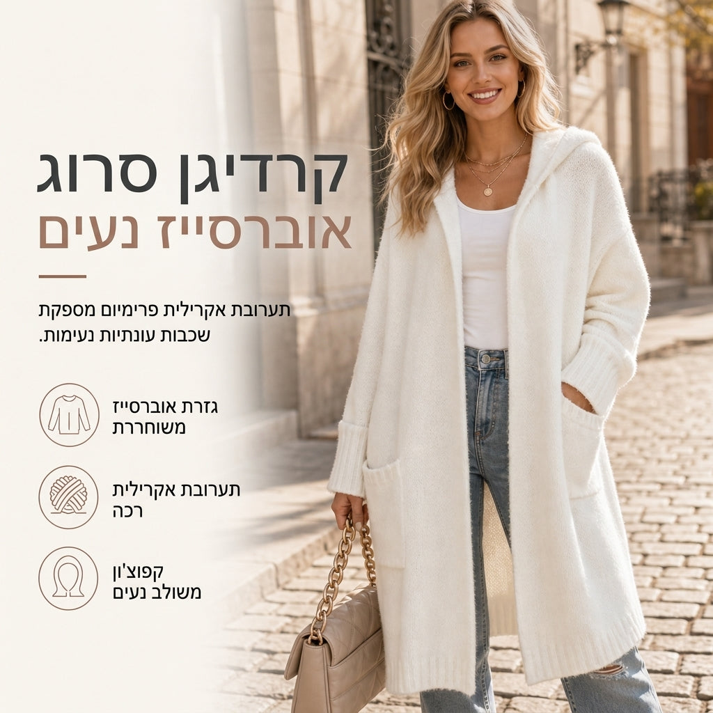 👚✨ קרדיגן סרוג ארוך עם ברדס לנשים ✨ קנו כל 2 פריטים וקבלו הנחה נוספת של 8%