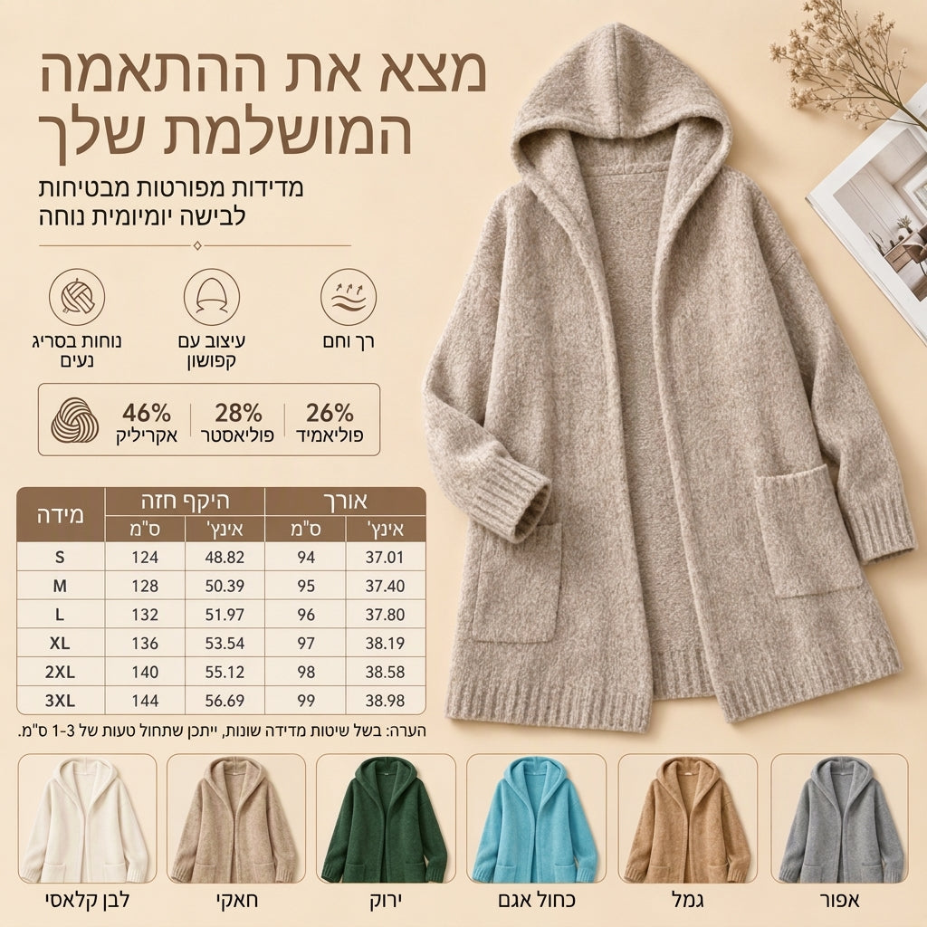 👚✨ קרדיגן סרוג ארוך עם ברדס לנשים ✨ קנו כל 2 פריטים וקבלו הנחה נוספת של 8%