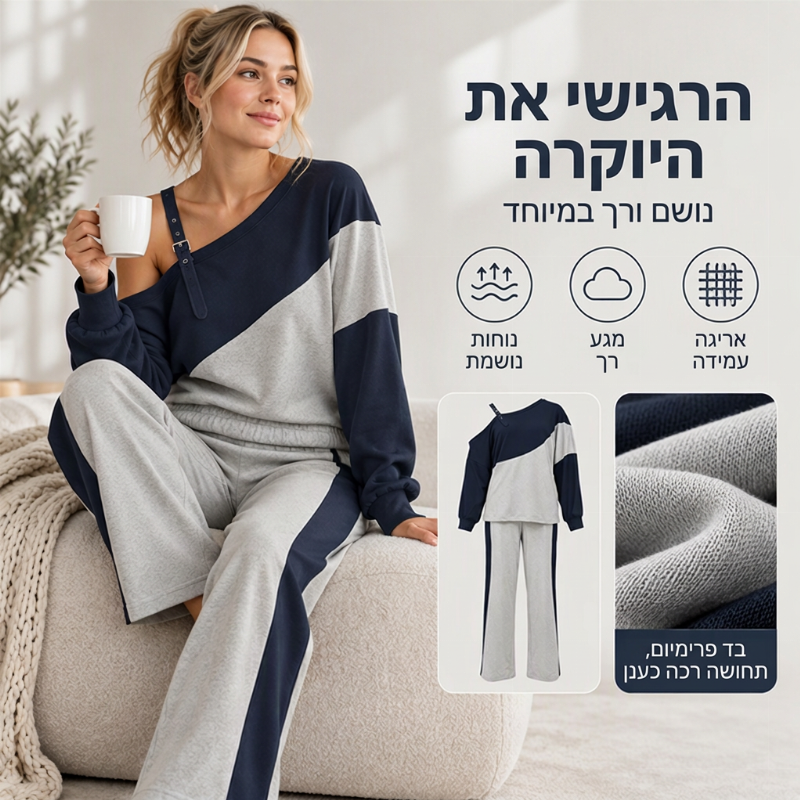 סט שני חלקים לאישה עם כתף חשופה ושילוב צבעים קז'ואלי