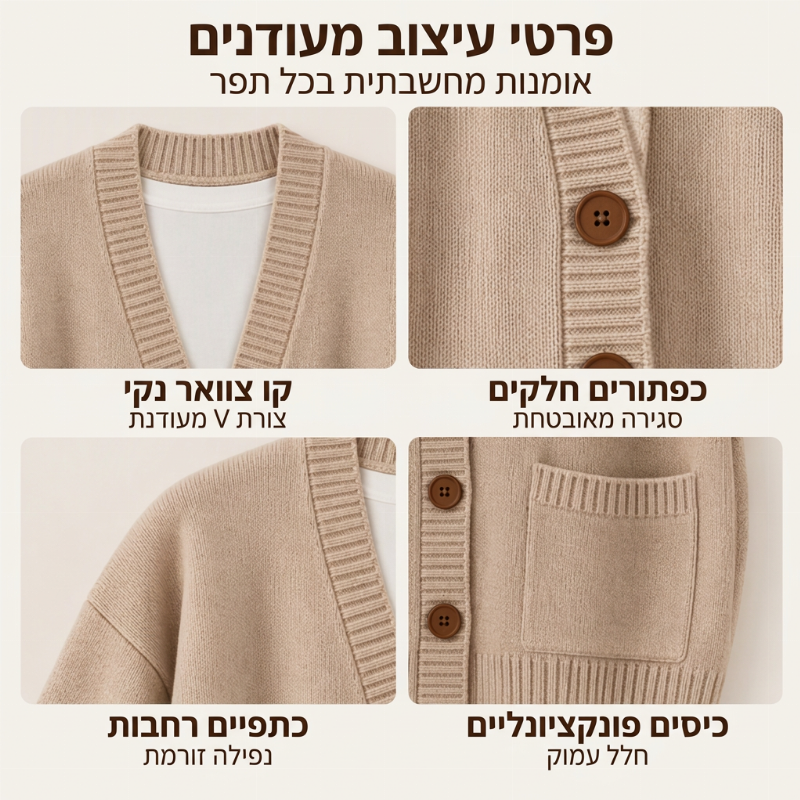קרדיגן סוודר רופף עם צווארון V לנשים