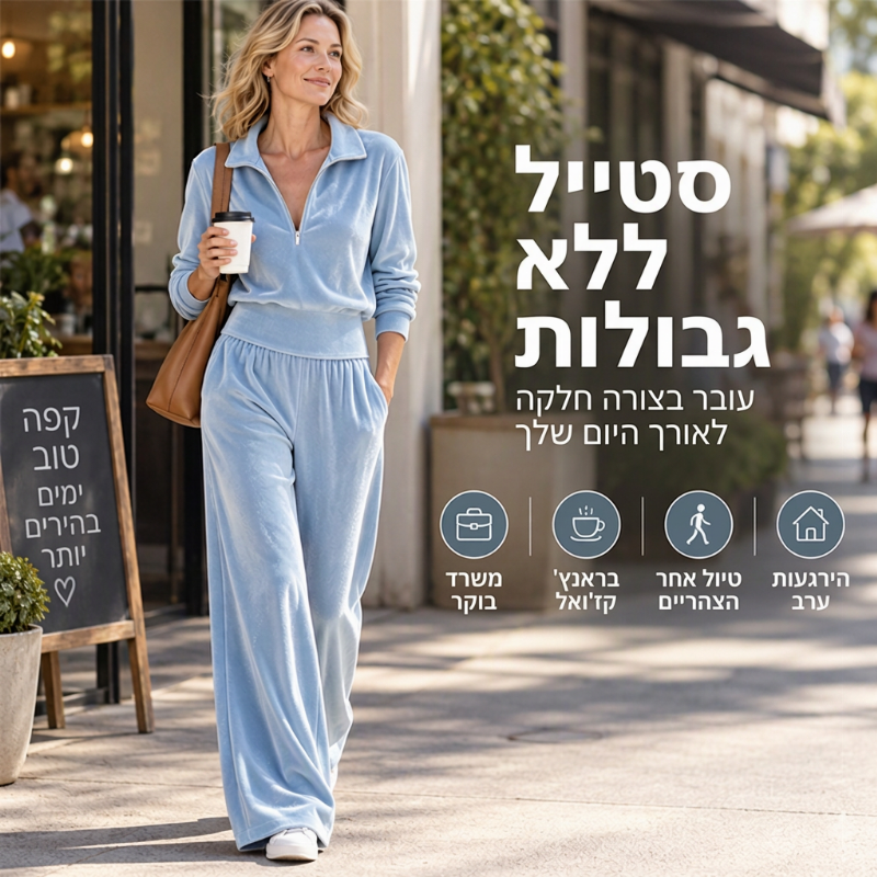 סט נשים רטרו עם סוודר חצי רוכסן ומכנסיים רחבים