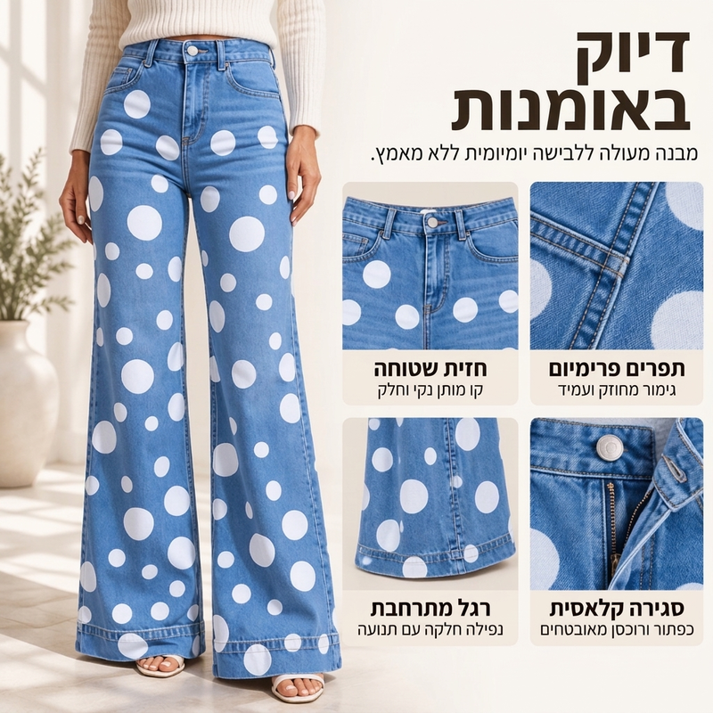 ג'ינס נשים בהבהרה גבוהה עם נקודות פולקה וחצאית מורחבת