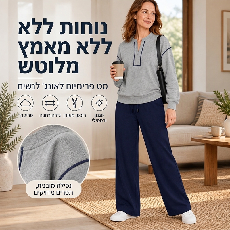 סט נשים עם חולצה ארוכת שרוולים וחצי רוכסן ומכנסיים רחבים