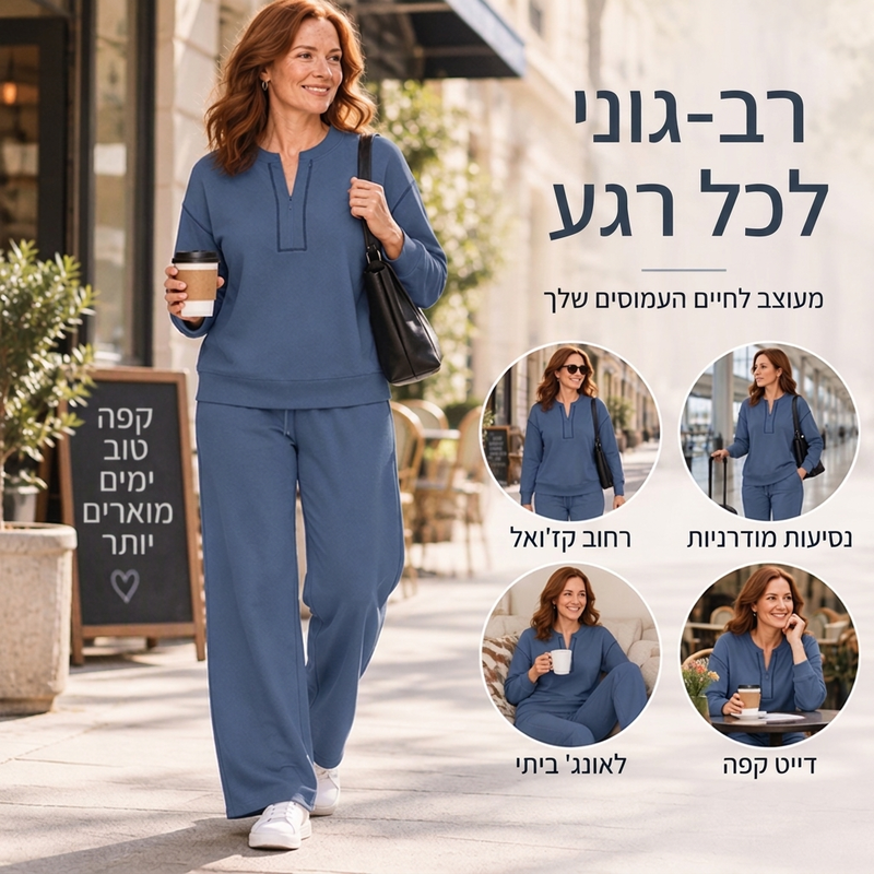 סט נשים עם חולצה ארוכת שרוולים וחצי רוכסן ומכנסיים רחבים