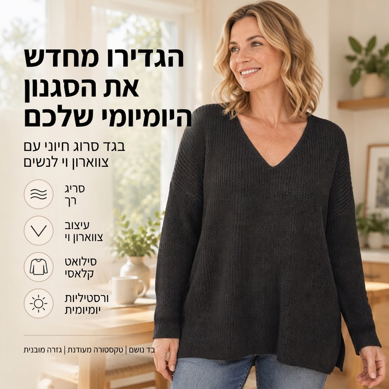 סוודר סריגה נשים בצווארון V במידה גדולה