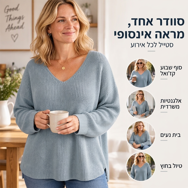 סוודר סריגה נשים בצווארון V במידה גדולה