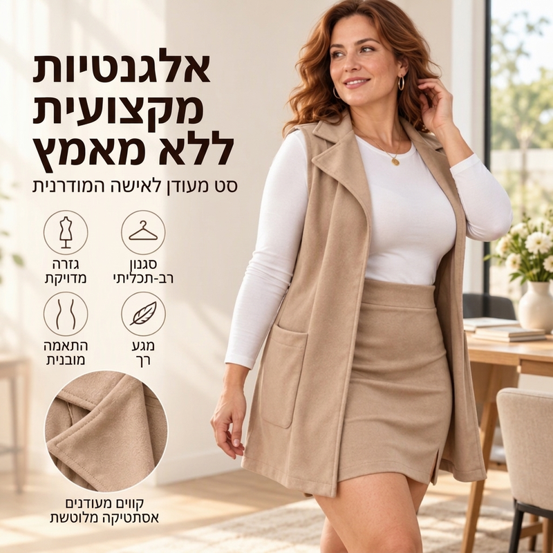 סט נשים: אפוד ארוך עם צווארון ומקדמיה פתוחה יחד עם חצאית מיני