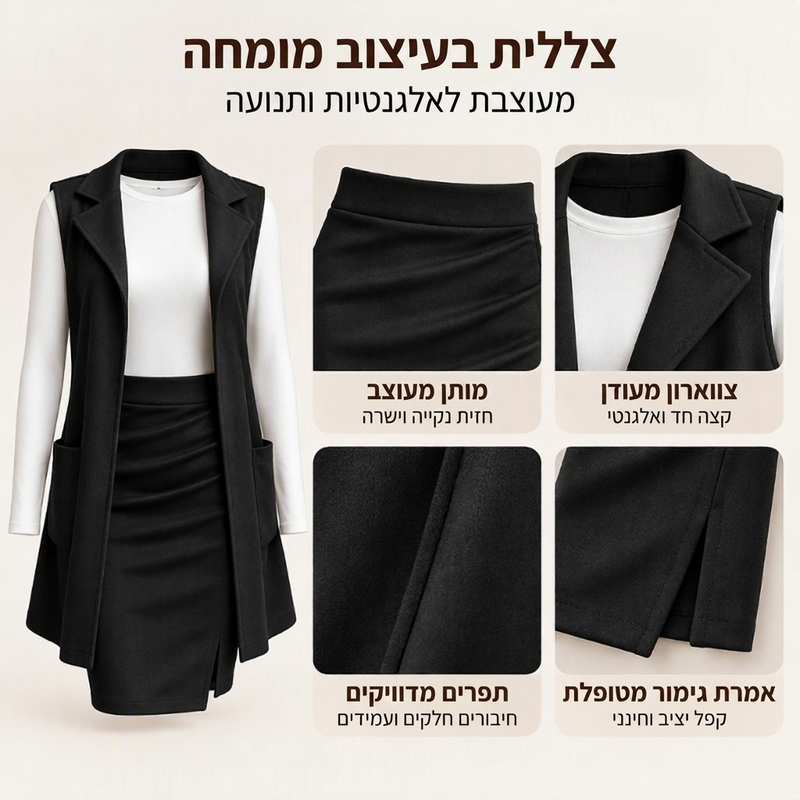 סט נשים: אפוד ארוך עם צווארון ומקדמיה פתוחה יחד עם חצאית מיני