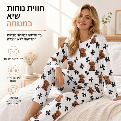 סט פיג'מת משי חלב רך לנשים, חולצת שרוול ארוך ומכנסיים ארוכים, לבוש ביתי נינוח