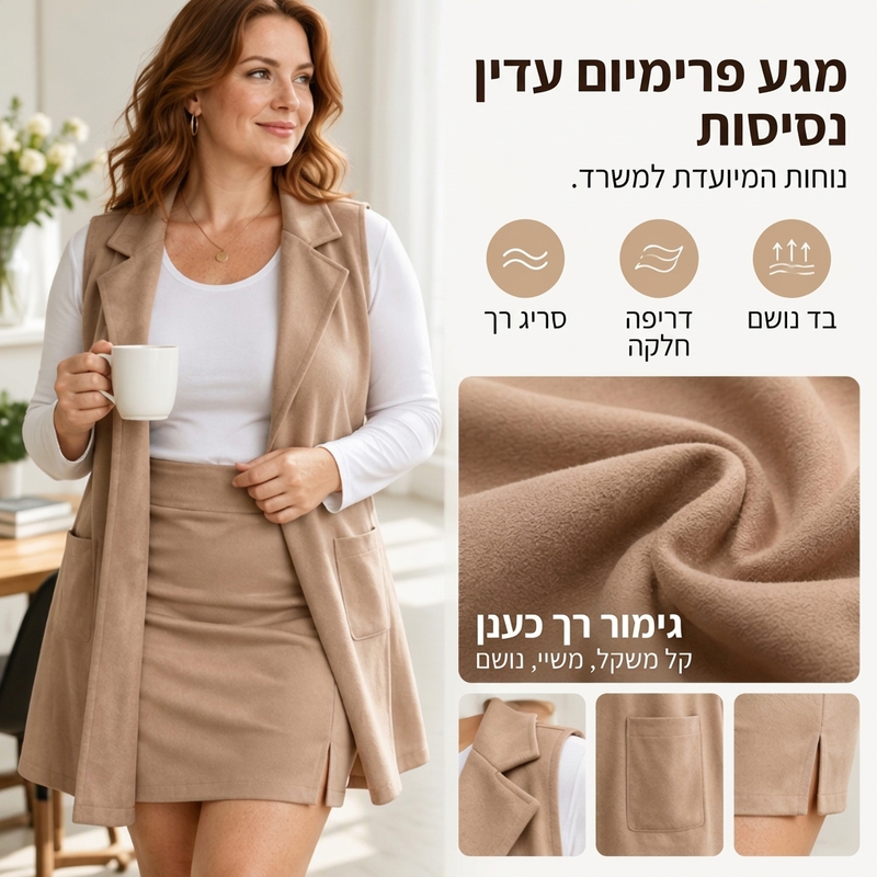 סט נשים: אפוד ארוך עם צווארון ומקדמיה פתוחה יחד עם חצאית מיני