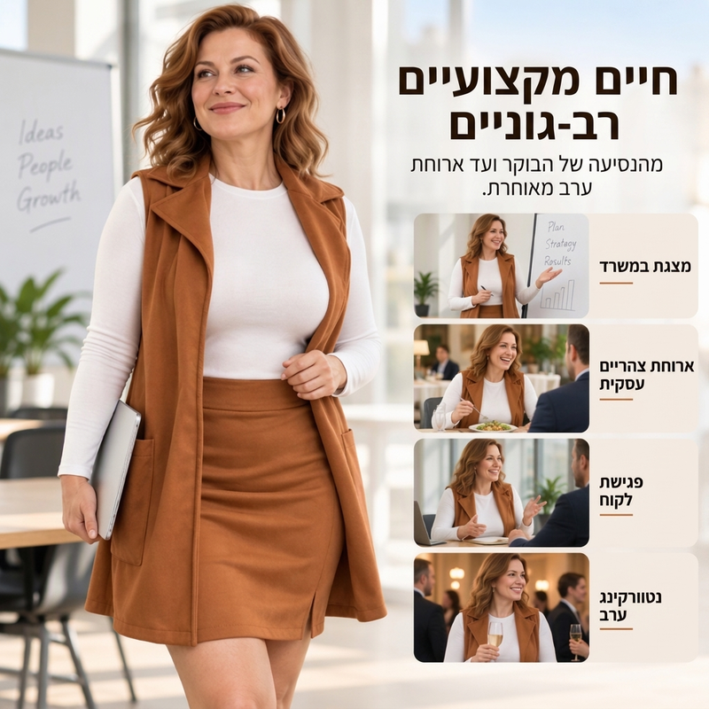 סט נשים: אפוד ארוך עם צווארון ומקדמיה פתוחה יחד עם חצאית מיני