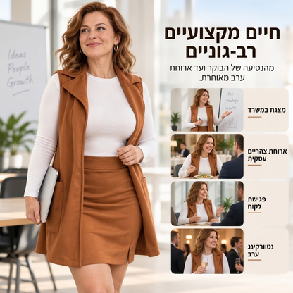 סט נשים: אפוד ארוך עם צווארון ומקדמיה פתוחה יחד עם חצאית מיני