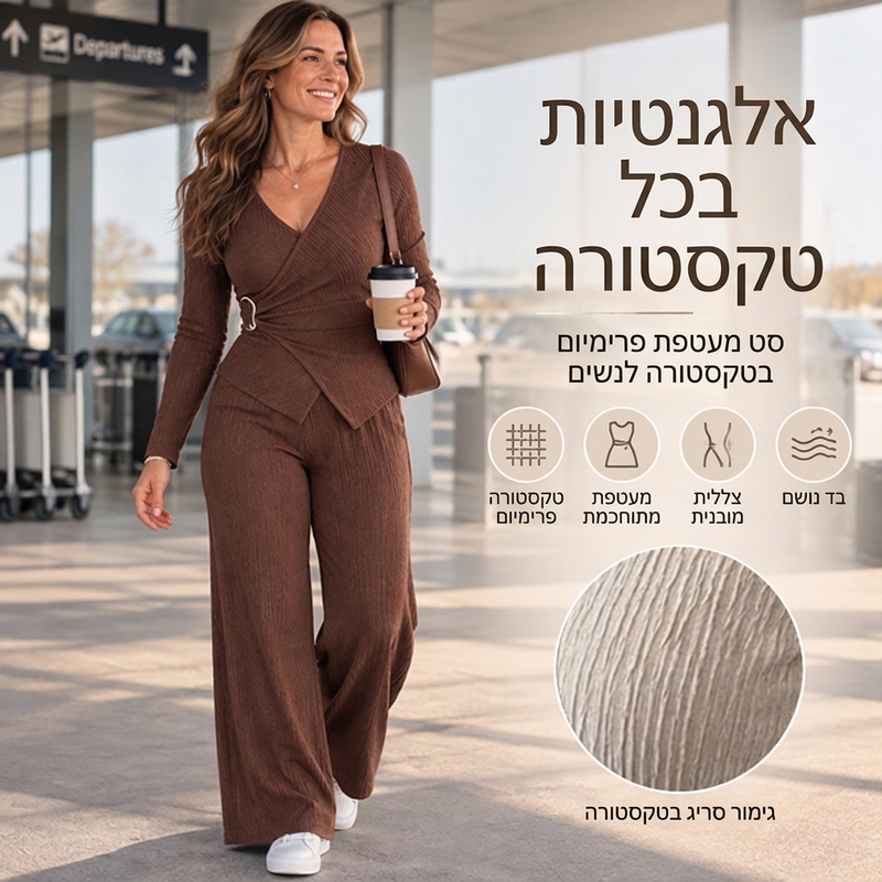 סט נשים עם טופ מרקם אסימטרי מכסה ומכנסיים רחבים