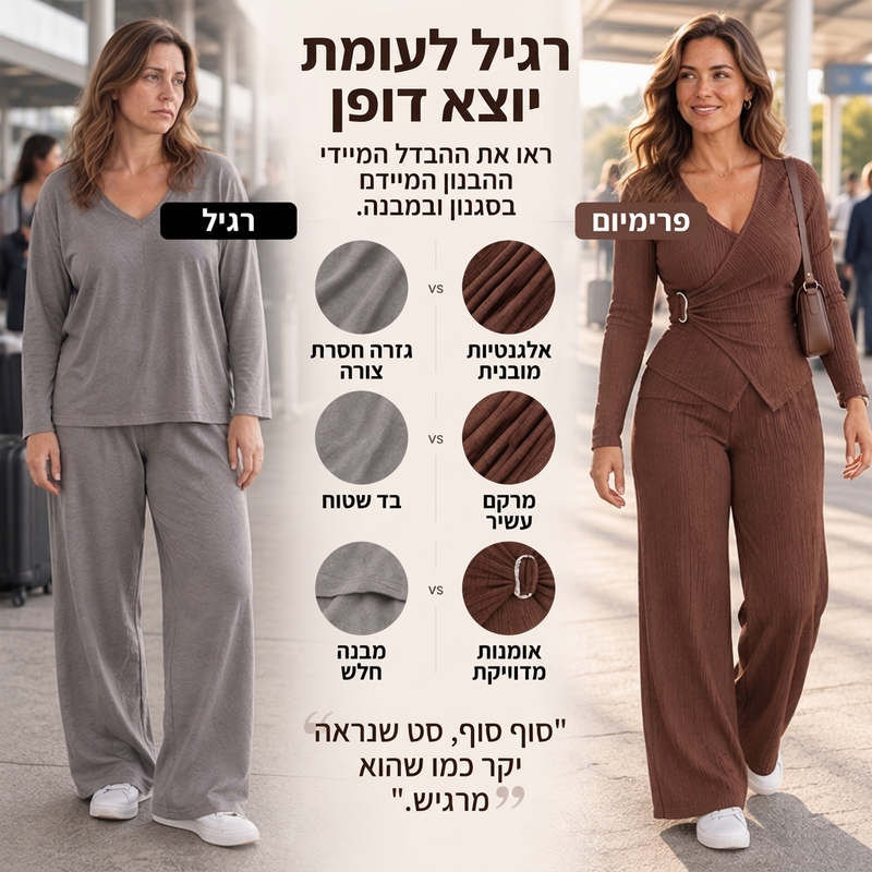 סט נשים עם טופ מרקם אסימטרי מכסה ומכנסיים רחבים