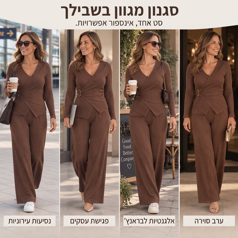 סט נשים עם טופ מרקם אסימטרי מכסה ומכנסיים רחבים