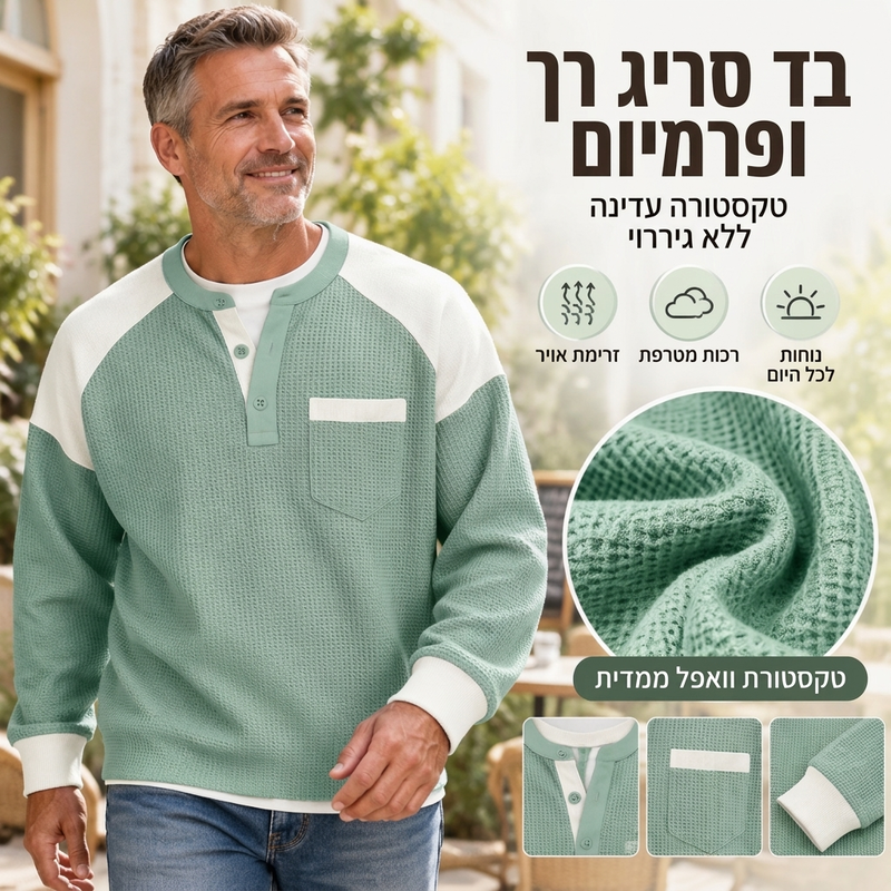 חולצת הנלי קז'ואל לגבר בעיצוב בלוקי צבעים ובסריג וופל