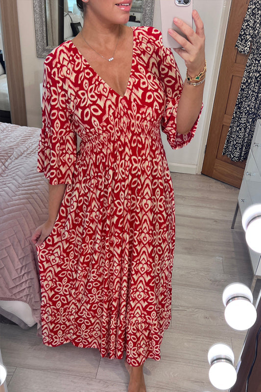 Green and Other Two Colors Bohemian Solid Color V-neck Stitching Huge Hem Long Dress